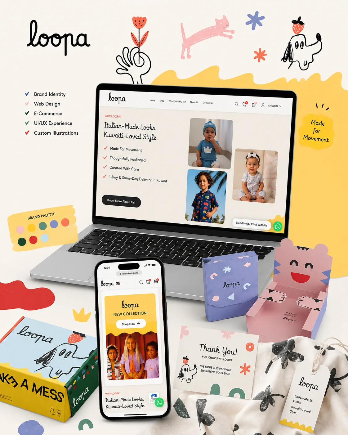 LOOPA children's fashion brand — e-commerce website, playful hand-drawn illustrations and packaging.