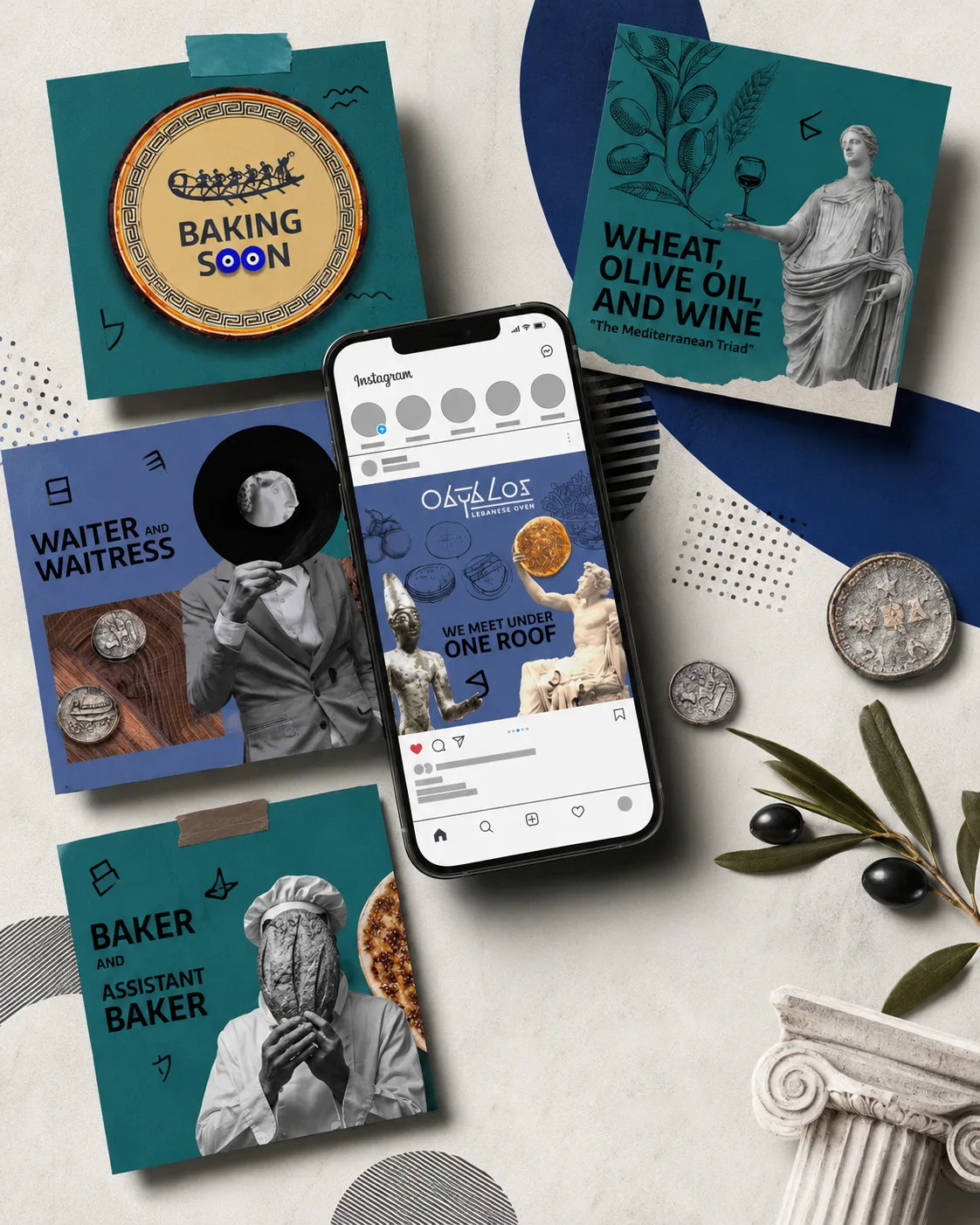 O'BYBLOS Lebanese oven — social media campaign pairing Greco-Roman statuary with food photography.