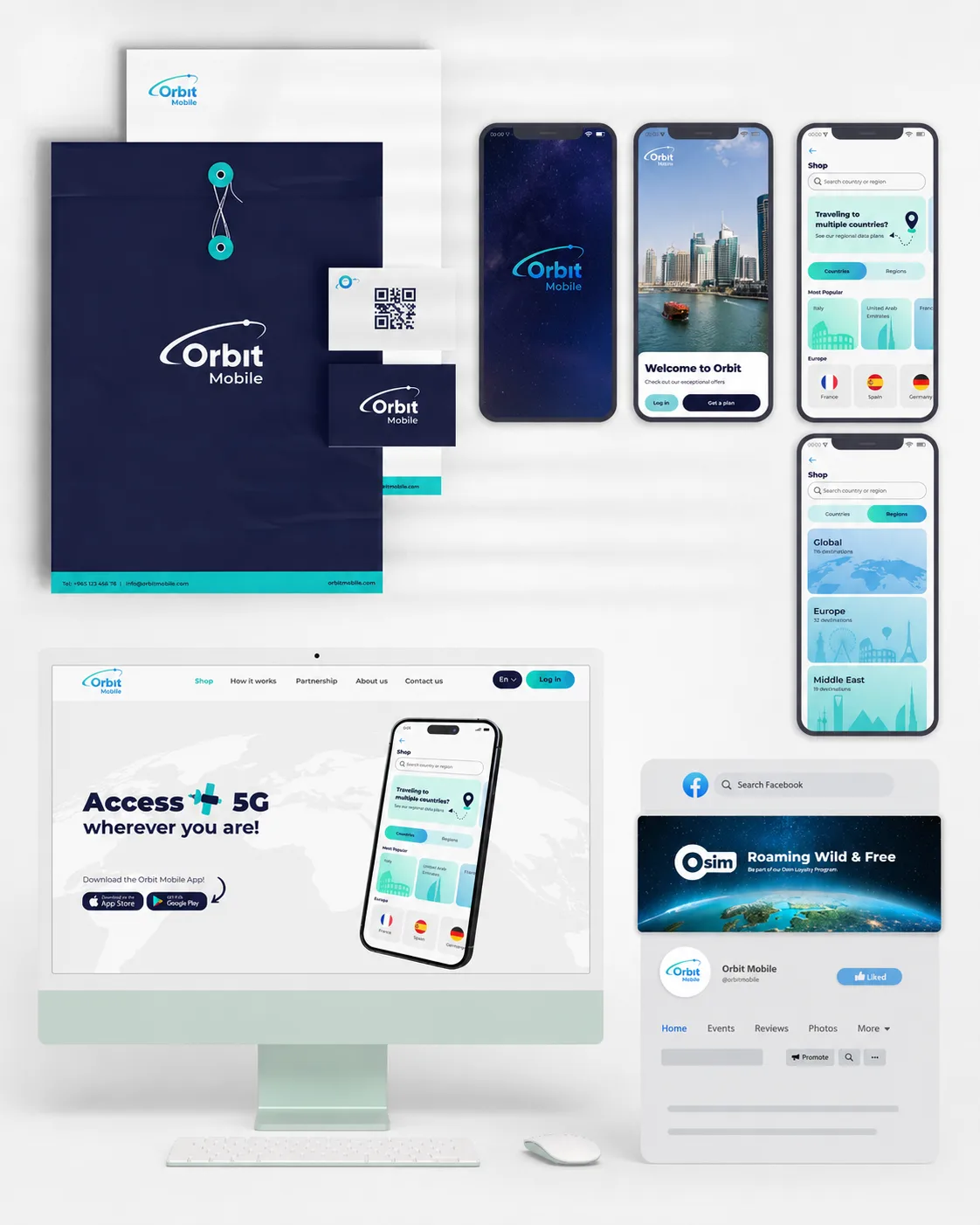 Orbit Mobile eSIM brand — logo, stationery, packaging and travel app screens.